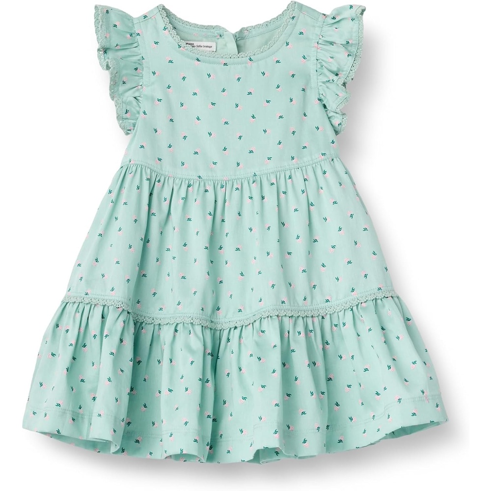 image:imageAmazon Essentials x Sofia Grainge Baby Girls Tiered Flounce Dress Soft Cotton Sateen Ruffle Sleeves with Lace TrimMint Little Strawberries