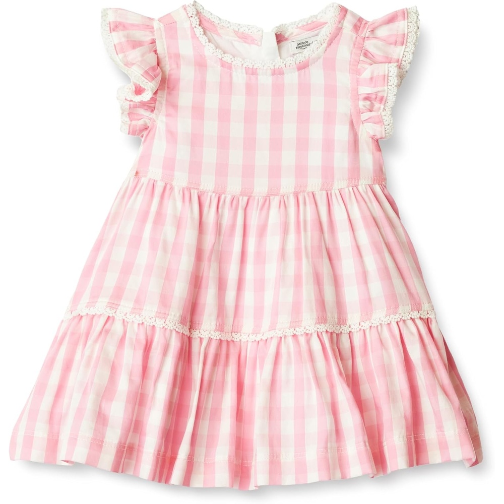 image:imageAmazon Essentials x Sofia Grainge Baby Girls Tiered Flounce Dress Soft Cotton Sateen Ruffle Sleeves with Lace TrimPink Big Gingham