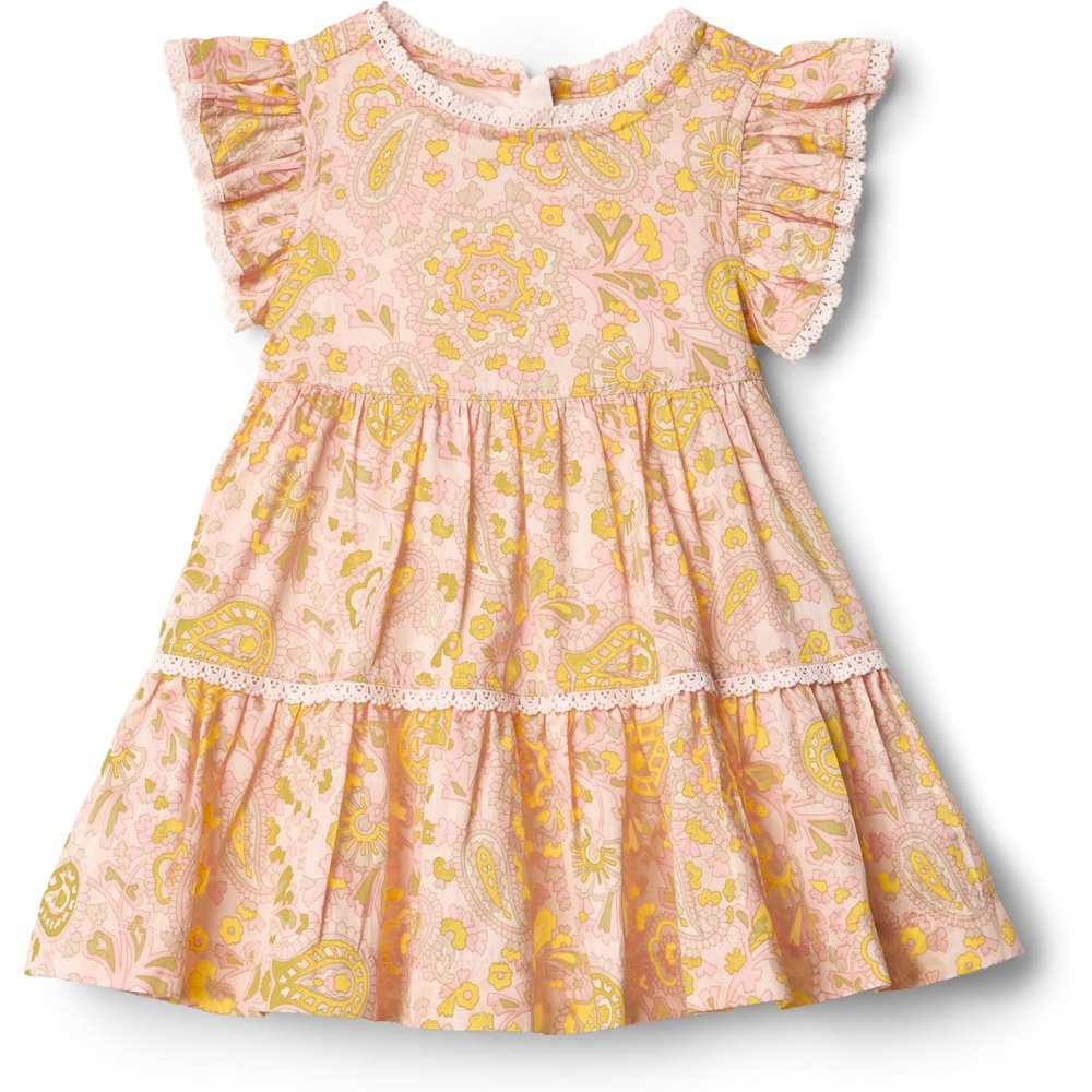 image:imageAmazon Essentials x Sofia Grainge Baby Girls Tiered Flounce Dress Soft Cotton Sateen Ruffle Sleeves with Lace TrimShell Pink Ornate Paisley