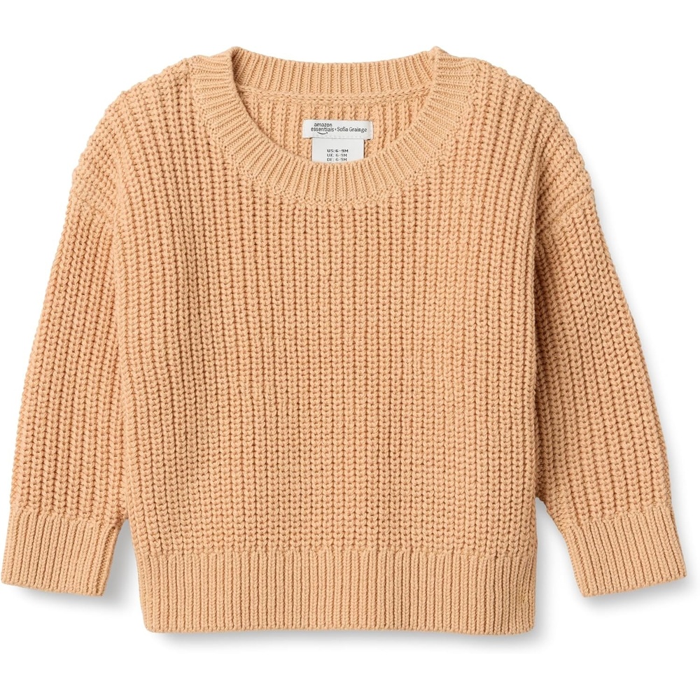 image:imageAmazon Essentials x Sofia Grainge Toddler and Baby Boys Cotton Knit Drop Shoulder Sweater with Ribbing at Neck Cuffs HemLight Camel