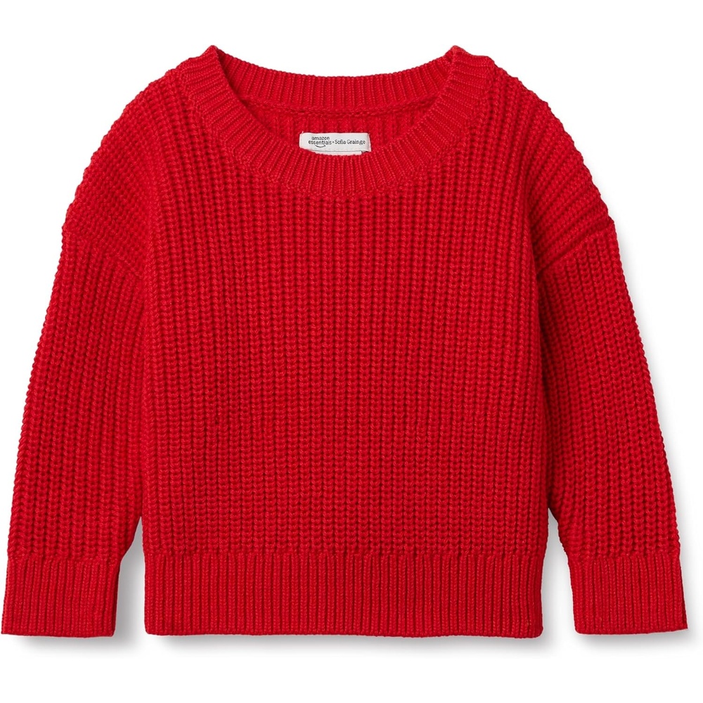 image:imageAmazon Essentials x Sofia Grainge Toddler and Baby Boys Cotton Knit Drop Shoulder Sweater with Ribbing at Neck Cuffs HemRed