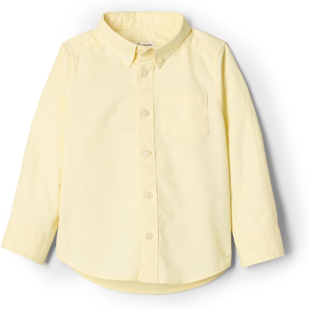 image:imageAmazon Essentials x Sofia Grainge Toddler and Baby Boys Stretch Oxford Band Collar Shirt with Patch PocketButter Yellow