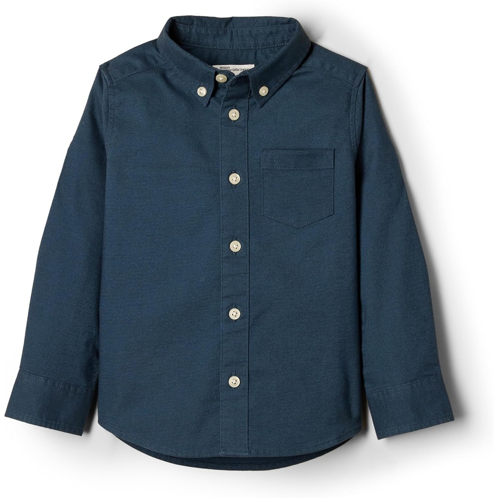 image:imageAmazon Essentials x Sofia Grainge Toddler and Baby Boys Stretch Oxford Band Collar Shirt with Patch PocketDark Navy