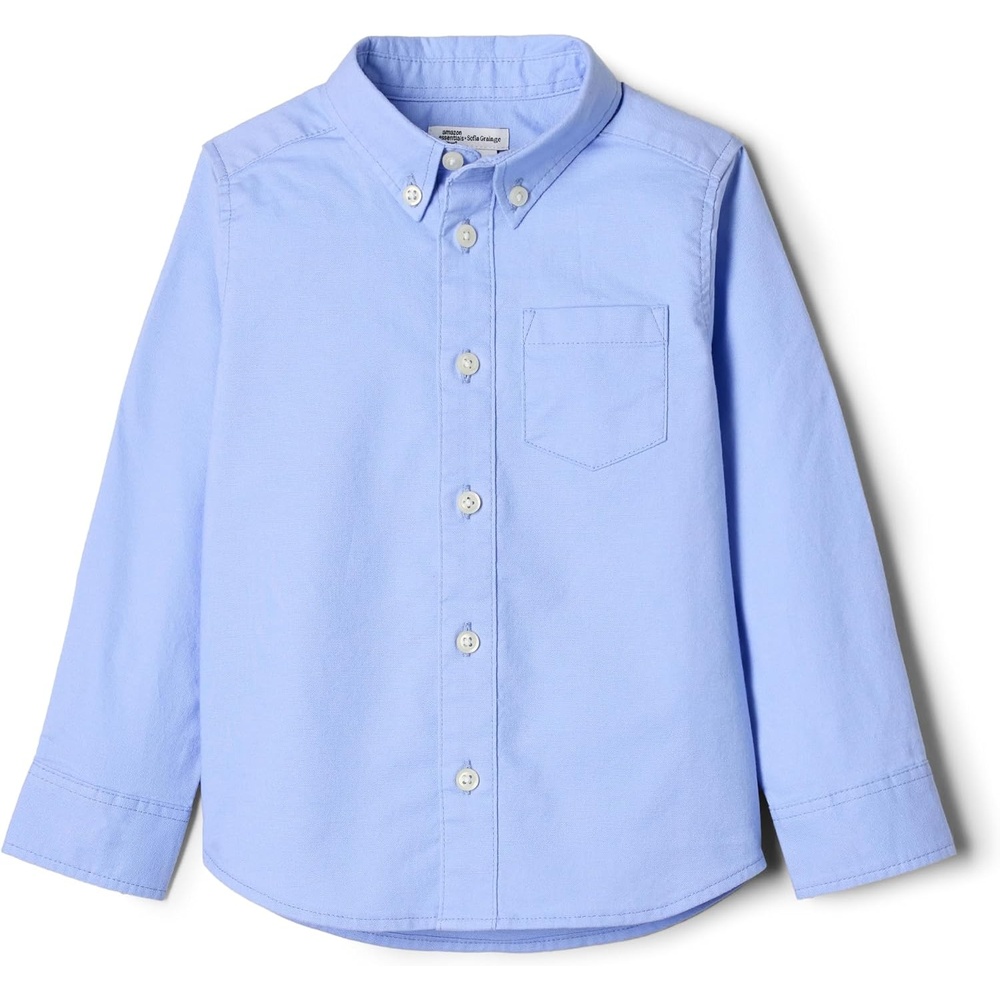 image:imageAmazon Essentials x Sofia Grainge Toddler and Baby Boys Stretch Oxford Band Collar Shirt with Patch PocketPowder Blue