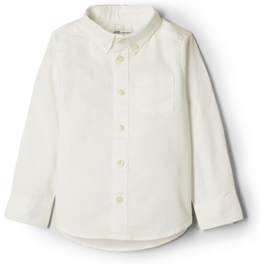 image:imageAmazon Essentials x Sofia Grainge Toddler and Baby Boys Stretch Oxford Band Collar Shirt with Patch PocketWhite