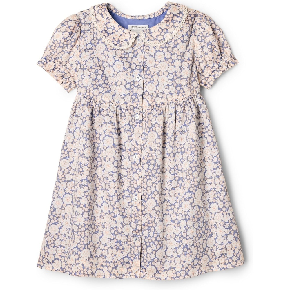 image:imageAmazon Essentials x Sofia Grainge Toddler and Baby Girls Cotton Sateen Dress with CollarBlue Ivory Delicate Floral