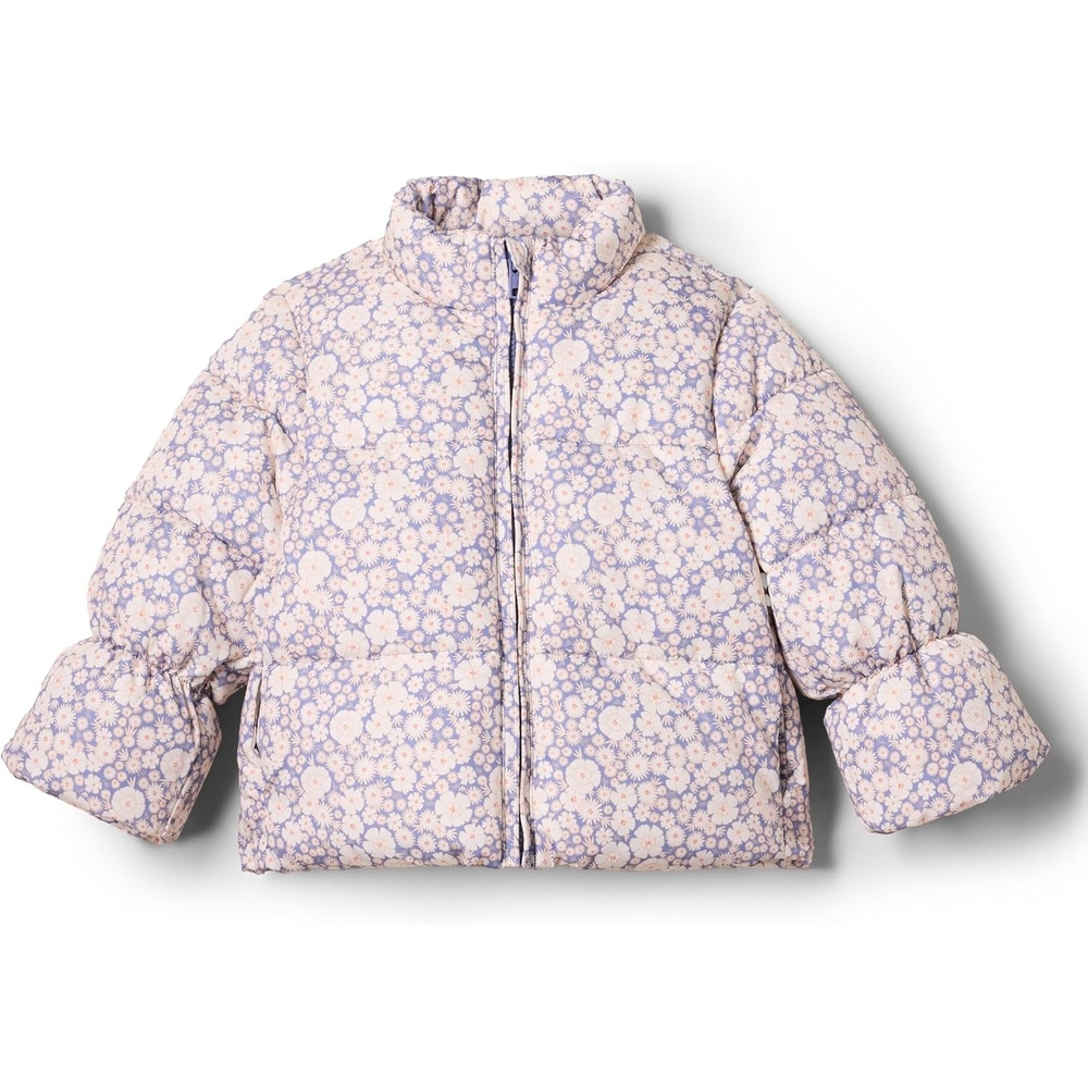 image:imageAmazon Essentials x Sofia Grainge Toddler and Baby Girls Heavyweight Fleece Lined Taffeta Puffer JacketBlue Ivory Delicate Floral