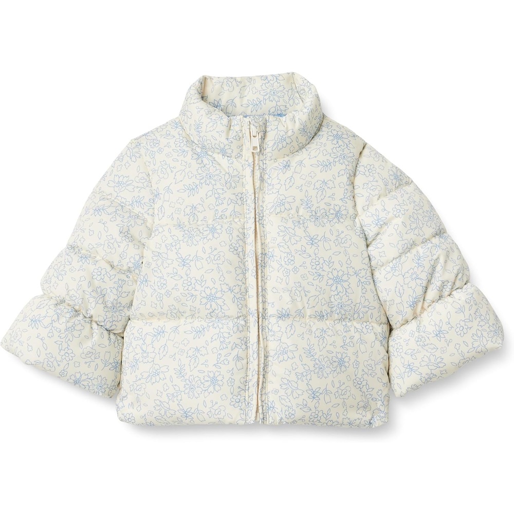 image:imageAmazon Essentials x Sofia Grainge Toddler and Baby Girls Heavyweight Fleece Lined Taffeta Puffer JacketIvory Blue Outlined Blooms