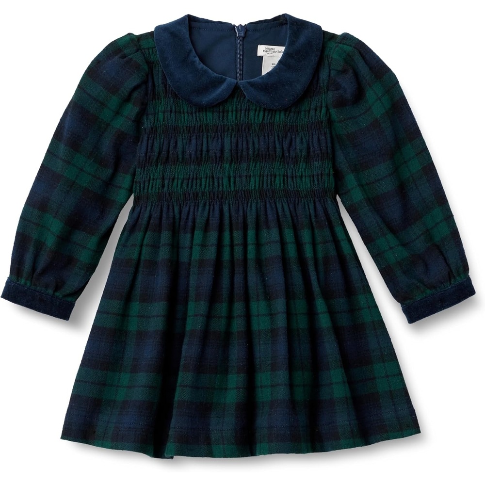 image:imageAmazon Essentials x Sofia Grainge Toddler and Baby Girls Long Sleeve Flannel Dress with Velvet Collar Fit and FlareDark Emerald Green Deep Blue Plaid