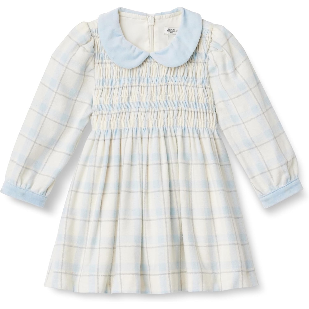 image:imageAmazon Essentials x Sofia Grainge Toddler and Baby Girls Long Sleeve Flannel Dress with Velvet Collar Fit and FlareIvory Light Blue Simple Plaid