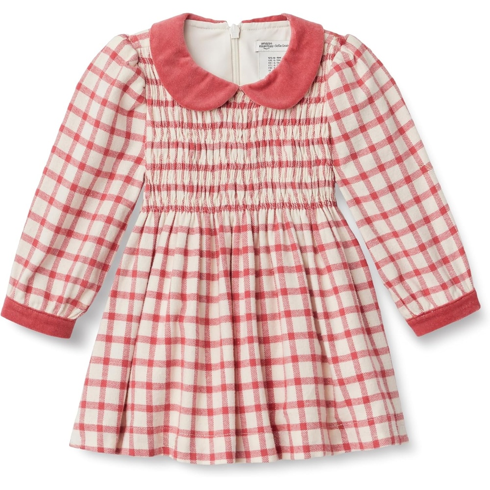 image:imageAmazon Essentials x Sofia Grainge Toddler and Baby Girls Long Sleeve Flannel Dress with Velvet Collar Fit and FlareIvory Raspberry Red Windowpane