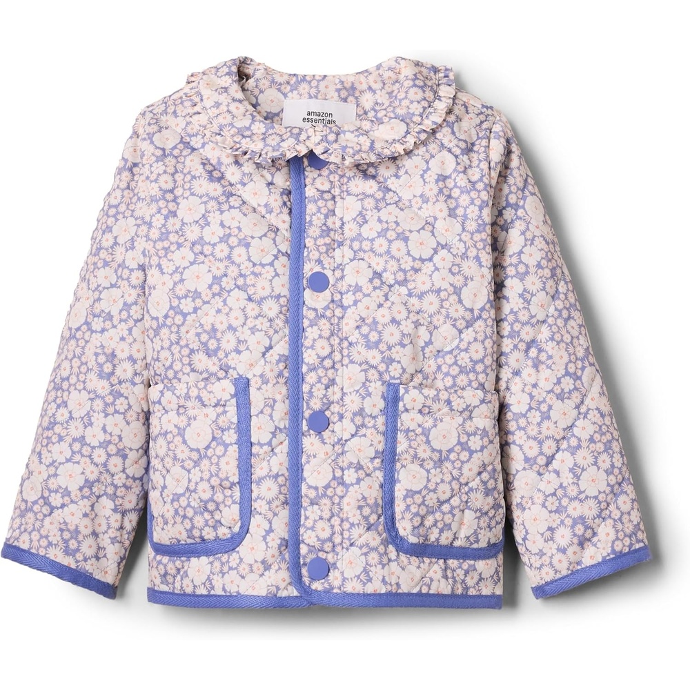 image:imageAmazon Essentials x Sofia Grainge Toddler and Baby Girls Midweight Quilted Field Jacket with RuffleBlue Ivory Delicate Floral