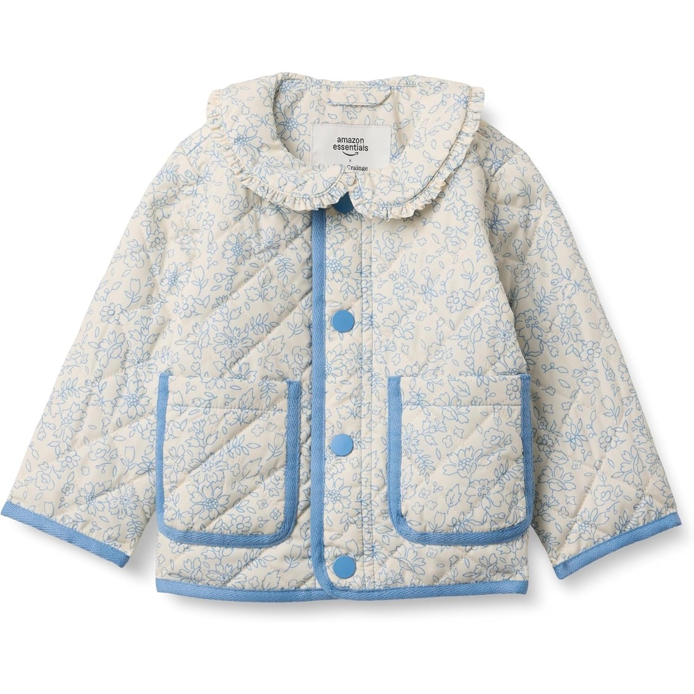 image:imageAmazon Essentials x Sofia Grainge Toddler and Baby Girls Midweight Quilted Field Jacket with RuffleIvory Blue Outlined Blooms