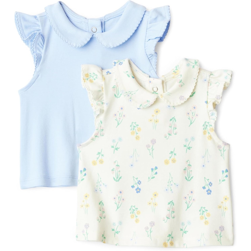 image:imageAmazon Essentials x Sofia Grainge Toddlers and Baby Girls Cotton Short Sleeve Blouses with Ruffles Pack of 2Light BlueBouquets