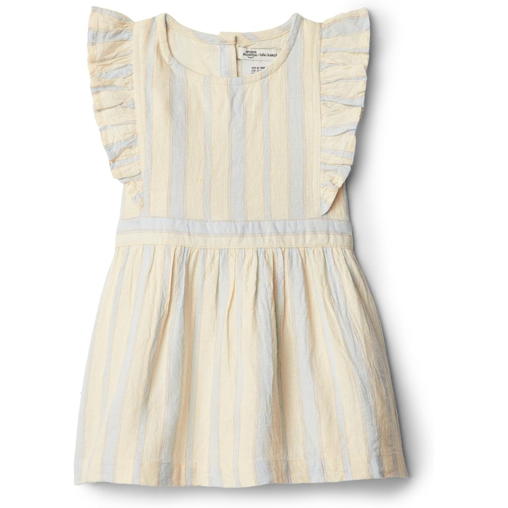 image:imageAmazon Essentials x Sofia Grainge Toddlers and Baby Girls Fit and Flare Linen Dress with Ruffle Flounce SleevesIvory Bar Stripe