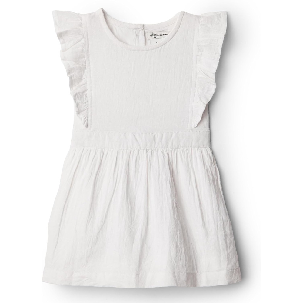 image:imageAmazon Essentials x Sofia Grainge Toddlers and Baby Girls Fit and Flare Linen Dress with Ruffle Flounce SleevesWhite