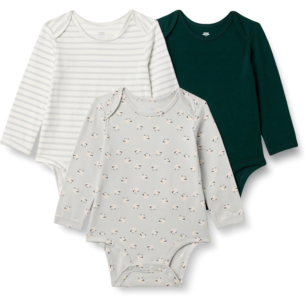 image:imageAmazon Essentials x Sofia Grainge Unisex Babies Long Sleeve Crew Neck Bodysuit Pack of 3Dark GreenSheepStripe