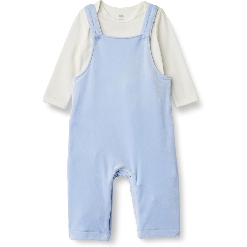 image:imageAmazon Essentials x Sofia Grainge Unisex Babies Velour Overall and Long Sleeve Bodysuit SetIvoryLight Blue