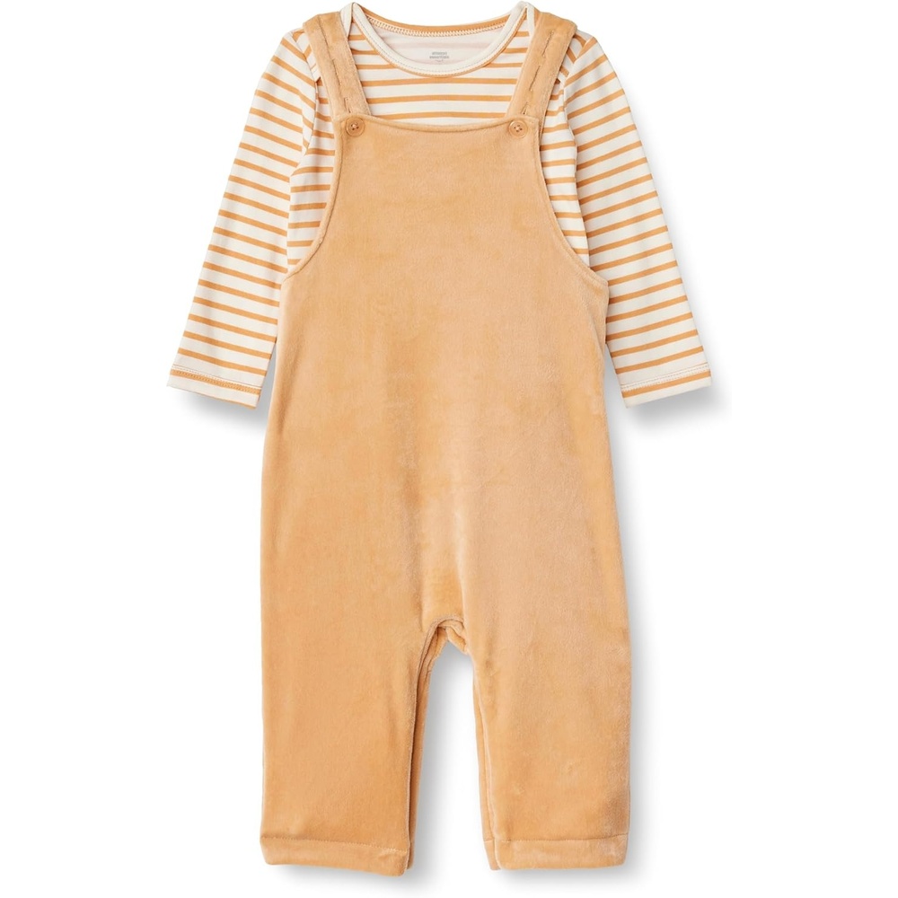 image:imageAmazon Essentials x Sofia Grainge Unisex Babies Velour Overall and Long Sleeve Bodysuit SetLight CamelStripe