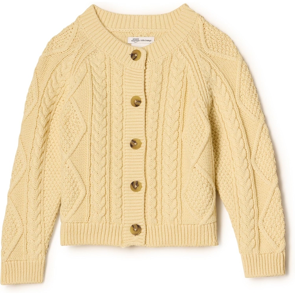 image:imageAmazon Essentials x Sofia Grainge Unisex Toddlers and Babies Cable Knit Cotton Fisherman Cardigan SweaterButter Yellow