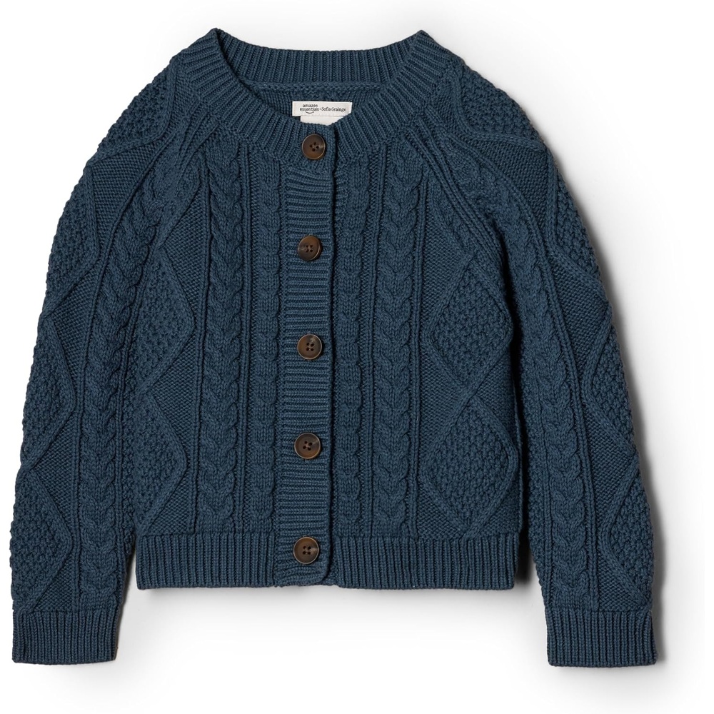 image:imageAmazon Essentials x Sofia Grainge Unisex Toddlers and Babies Cable Knit Cotton Fisherman Cardigan SweaterDark Navy