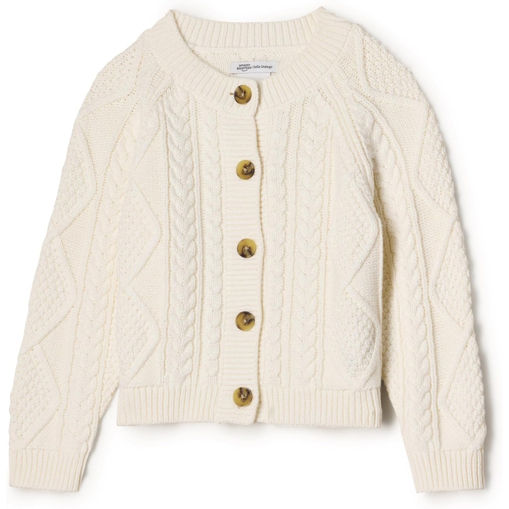 image:imageAmazon Essentials x Sofia Grainge Unisex Toddlers and Babies Cable Knit Cotton Fisherman Cardigan SweaterIvory