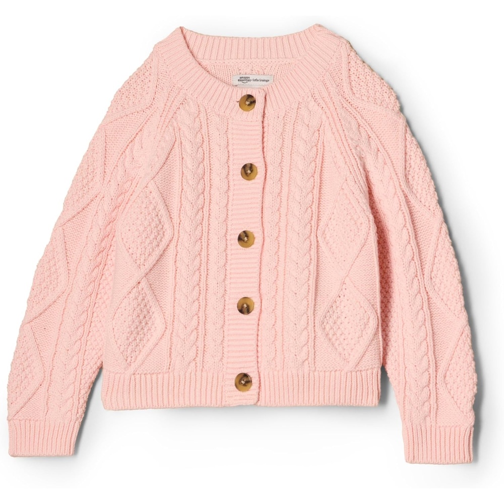 image:imageAmazon Essentials x Sofia Grainge Unisex Toddlers and Babies Cable Knit Cotton Fisherman Cardigan SweaterLight Pink