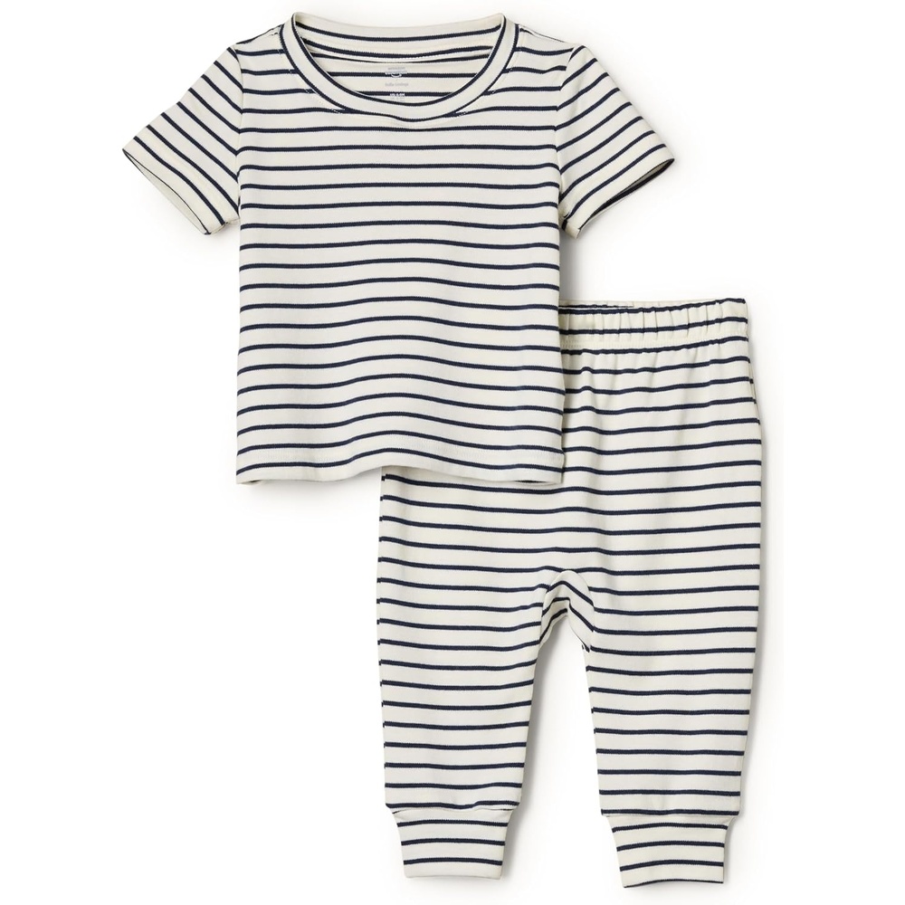 image:imageAmazon Essentials x Sofia Grainge Unisex Toddlers and Babies Cotton Knit Short Sleeve Shirt amp Pants SetNavy Tapered Stripe