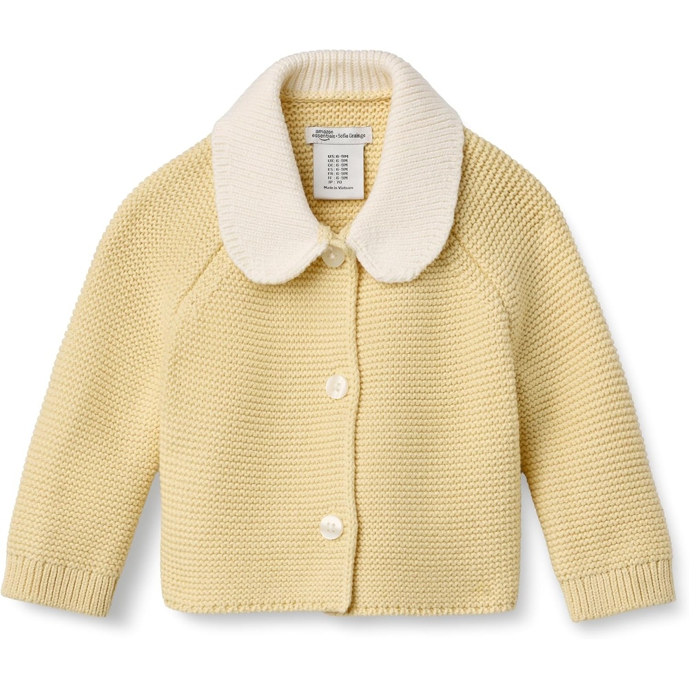 image:imageAmazon Essentials x Sofia Grainge Unisex Toddlers and Babies Peter Pan Collar Sweater Jacket Soft Cotton Knit with StretchButter Yellow