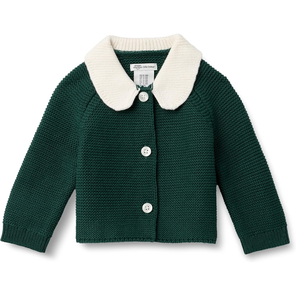 image:imageAmazon Essentials x Sofia Grainge Unisex Toddlers and Babies Peter Pan Collar Sweater Jacket Soft Cotton Knit with StretchDark Green