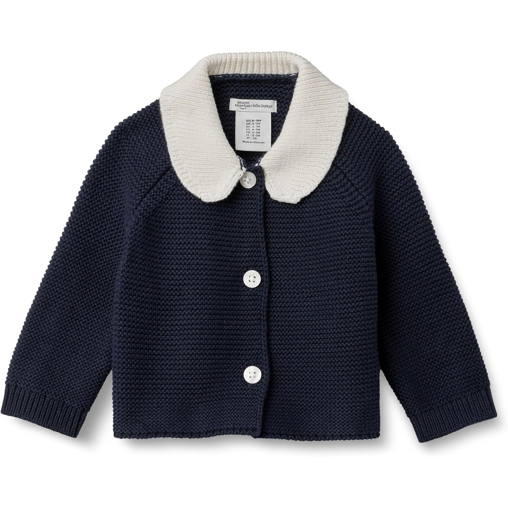 image:imageAmazon Essentials x Sofia Grainge Unisex Toddlers and Babies Peter Pan Collar Sweater Jacket Soft Cotton Knit with StretchNavy