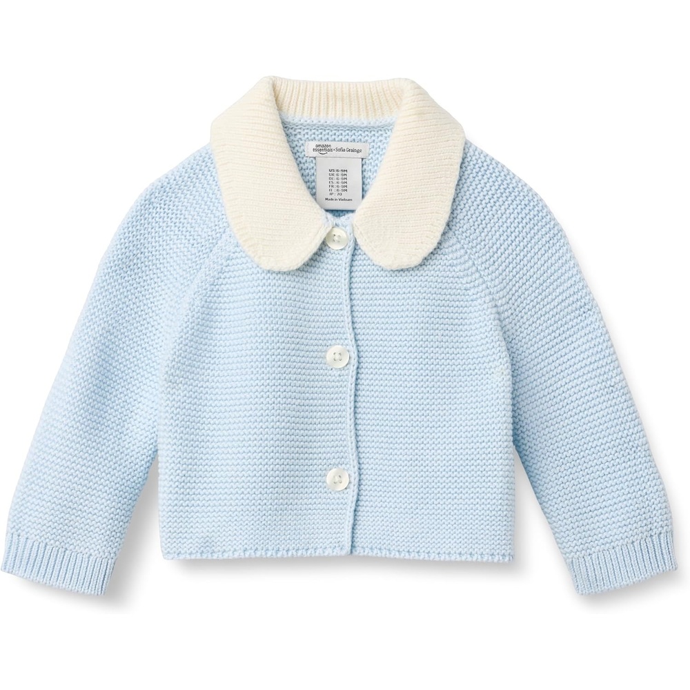 image:imageAmazon Essentials x Sofia Grainge Unisex Toddlers and Babies Peter Pan Collar Sweater Jacket Soft Cotton Knit with StretchPale Blue