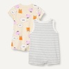 Amazon Essentials Unisex Babies’ Cotton Jersey Sleeveless and Short-Sleeve Romper Set, Pack of 2(Beige Dogs/Heather Stripe)