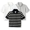 Amazon Essentials Toddlers and Baby Girls’ Cotton Spandex Polo Shirt, Breathable Stretch Pique Knit, Pack of 3(Light Grey Heather/White/Stripe)