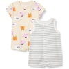 Amazon Essentials Unisex Babies’ Cotton Jersey Sleeveless and Short-Sleeve Romper Set, Pack of 2(Beige Dogs/Heather Stripe)