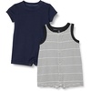 Amazon Essentials Unisex Babies’ Cotton Jersey Sleeveless and Short-Sleeve Romper Set, Pack of 2(Blue/Stripe)