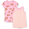 Amazon Essentials Unisex Babies’ Cotton Jersey Sleeveless and Short-Sleeve Romper Set, Pack of 2(Pink Tiger/Stripe)