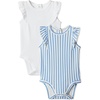 Amazon Essentials x Sofia Grainge Baby Girls’ Cotton Ruffle Sleeve Bodysuit with Embroidered Detail, Pack of 2(White/Stripe)