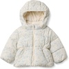 Amazon Essentials x Sofia Grainge Baby Girls’ Water-Repellent Hooded Puffer Jacket(Ivory Dusty Blue Outlined Blooms)