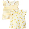 Amazon Essentials x Sofia Grainge Toddlers and Baby Girls’ Cotton Short Sleeve Blouses with Ruffles, Pack of 2(Lemon/Uneven Stripe)