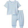 Amazon Essentials x Sofia Grainge Unisex Toddlers and Babies’ Cotton Knit Short Sleeve Shirt & Pants Set(Blue Ivory Uneven Stripe)