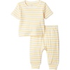 Amazon Essentials x Sofia Grainge Unisex Toddlers and Babies’ Cotton Knit Short Sleeve Shirt & Pants Set(Warm Yellow Ivory Uneven Stripe)