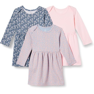Amazon Essentials Baby Girls’ Cotton Long-Sleeve Dress with Gathered Waist, Pack of 3(Pale Pink/Blue Posey Floral)