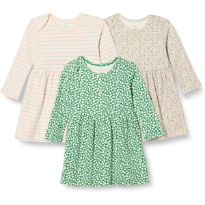 Amazon Essentials Baby Girls’ Cotton Long-Sleeve Dress with Gathered Waist, Pack of 3(Sage Green Ditsy Floral/Stripe)
