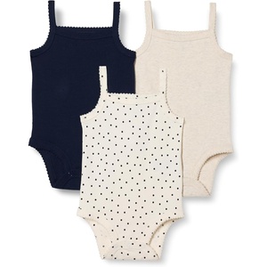 Amazon Essentials Baby Girls’ Cotton Sleeveless Bodysuits, Baby Clothes, Pack of 3(Oatmeal Heather/Navy/Dots)