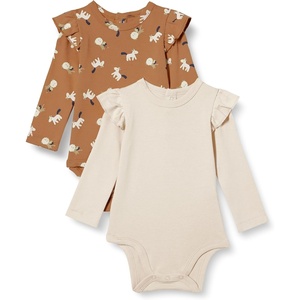 Amazon Essentials Baby Girls’ Long-Sleeved Ruffle Bodysuits(Pale Peach/Lion and Pony)