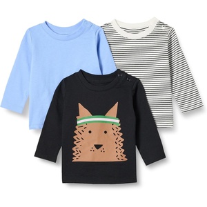 Amazon Essentials Boys and Toddlers’ Relaxed-Fit 100% Cotton Long-Sleeve T-Shirts(Blue/Dog/Stripe)