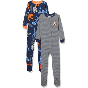 Amazon Essentials Disney | Marvel | Star Wars Unisex Babies’ Snug-Fit Cotton Footed Sleepers, Multipacks(2-pack Marvel Captain America)