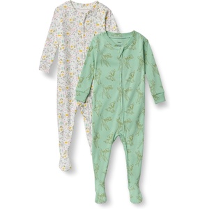Amazon Essentials Disney | Marvel | Star Wars Unisex Babies’ Snug-Fit Cotton Footed Sleepers, Multipacks(Bambi Nature Print)