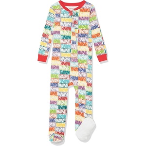 Amazon Essentials Disney | Marvel | Star Wars Unisex Babies’ Snug-Fit Cotton Footed Sleepers, Multipacks(Marvel Holiday Bricks)